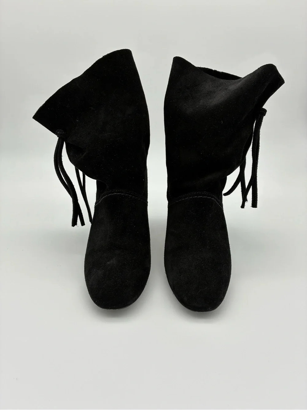 Tory Burch - Gigi Black Suede Ankle Boot with Gold-Trim Block Heel Fringe Tassel